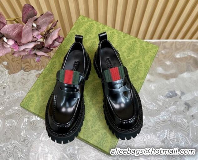 Shop Cheap Gucci Shiny Leather Platform Loafers 5cm with Web Black 1118098