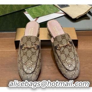 Unique Style Gucci Princetown GG Canvas Flat Slippers with Strass Beige 1119001