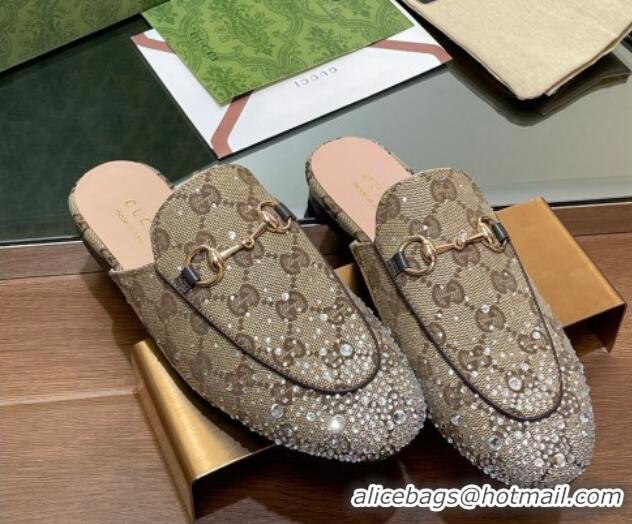 Unique Style Gucci Princetown GG Canvas Flat Slippers with Strass Beige 1119001