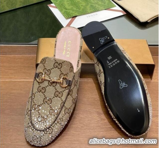 Unique Style Gucci Princetown GG Canvas Flat Slippers with Strass Beige 1119001