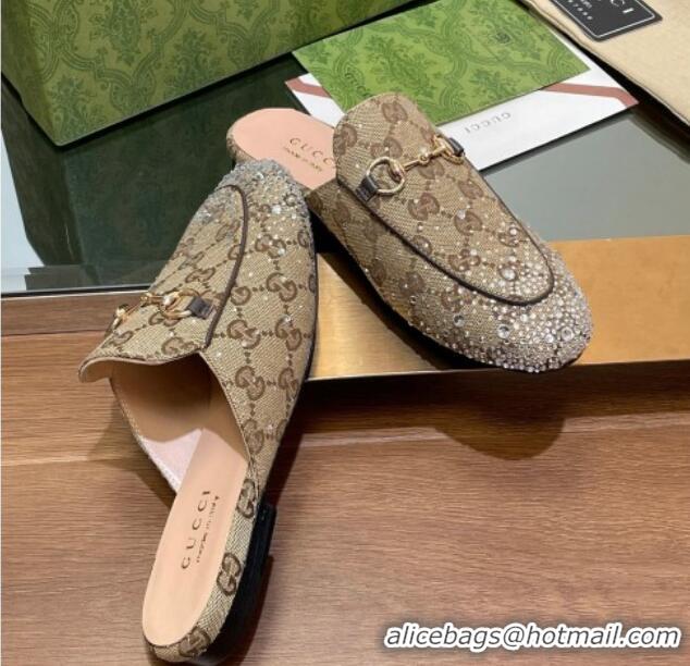 Unique Style Gucci Princetown GG Canvas Flat Slippers with Strass Beige 1119001