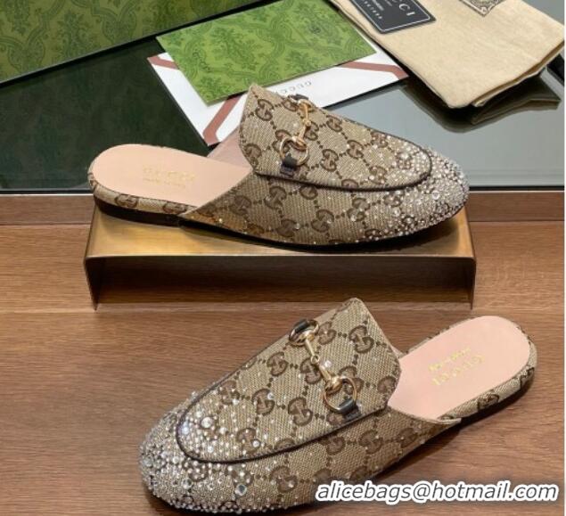 Unique Style Gucci Princetown GG Canvas Flat Slippers with Strass Beige 1119001