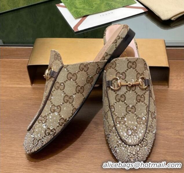 Unique Style Gucci Princetown GG Canvas Flat Slippers with Strass Beige 1119001