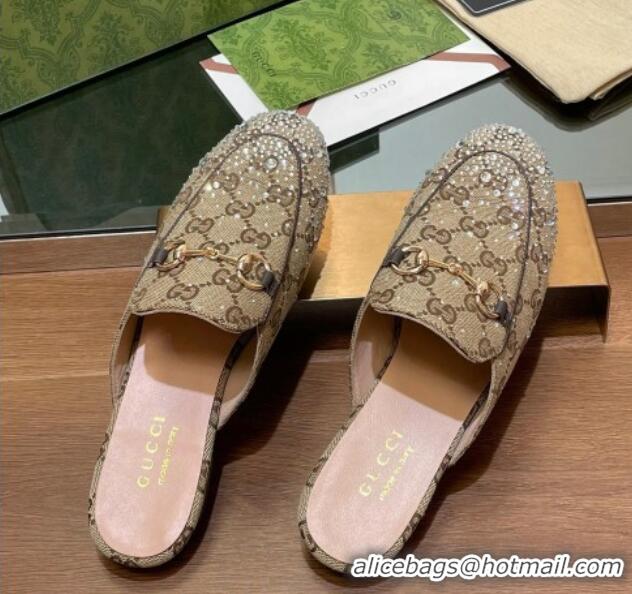 Unique Style Gucci Princetown GG Canvas Flat Slippers with Strass Beige 1119001