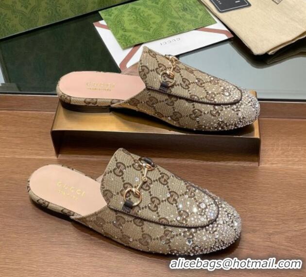 Unique Style Gucci Princetown GG Canvas Flat Slippers with Strass Beige 1119001