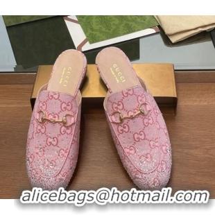 Shop Duplicate Gucci Princetown GG Canvas Flat Slippers with Strass Light Pink 1119003