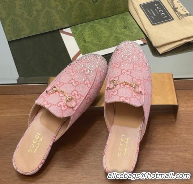 Shop Duplicate Gucci Princetown GG Canvas Flat Slippers with Strass Light Pink 1119003