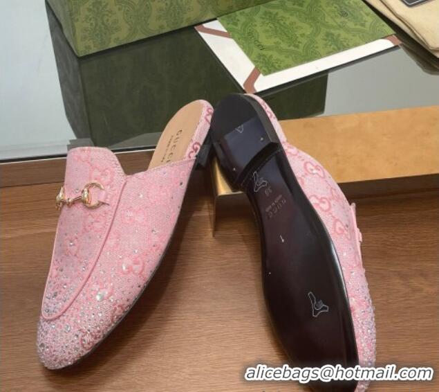 Shop Duplicate Gucci Princetown GG Canvas Flat Slippers with Strass Light Pink 1119003