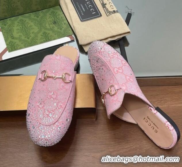 Shop Duplicate Gucci Princetown GG Canvas Flat Slippers with Strass Light Pink 1119003