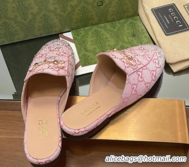 Shop Duplicate Gucci Princetown GG Canvas Flat Slippers with Strass Light Pink 1119003