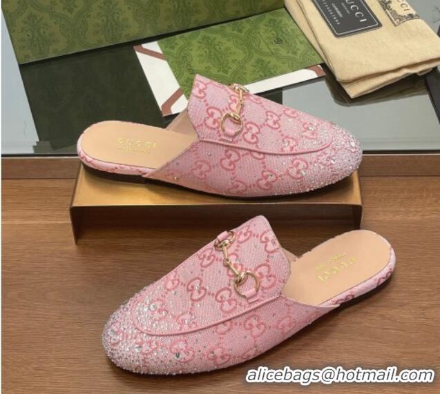 Shop Duplicate Gucci Princetown GG Canvas Flat Slippers with Strass Light Pink 1119003