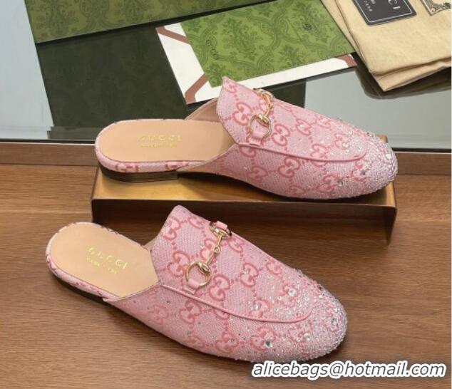 Shop Duplicate Gucci Princetown GG Canvas Flat Slippers with Strass Light Pink 1119003