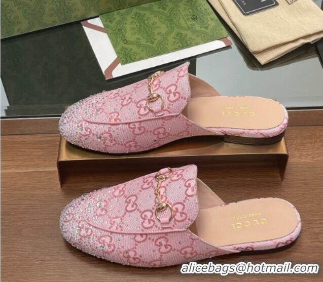 Shop Duplicate Gucci Princetown GG Canvas Flat Slippers with Strass Light Pink 1119003