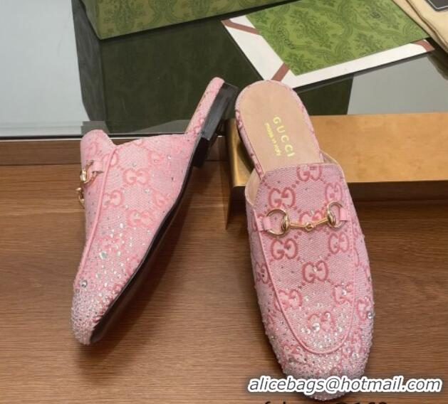 Shop Duplicate Gucci Princetown GG Canvas Flat Slippers with Strass Light Pink 1119003