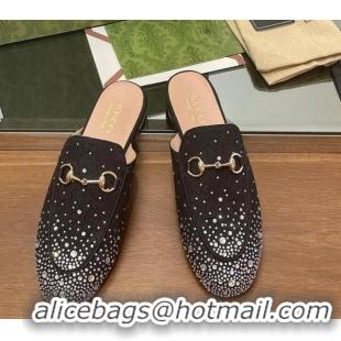 Luxury Cheap Gucci Princetown GG Canvas Flat Slippers with Strass Black 1119004