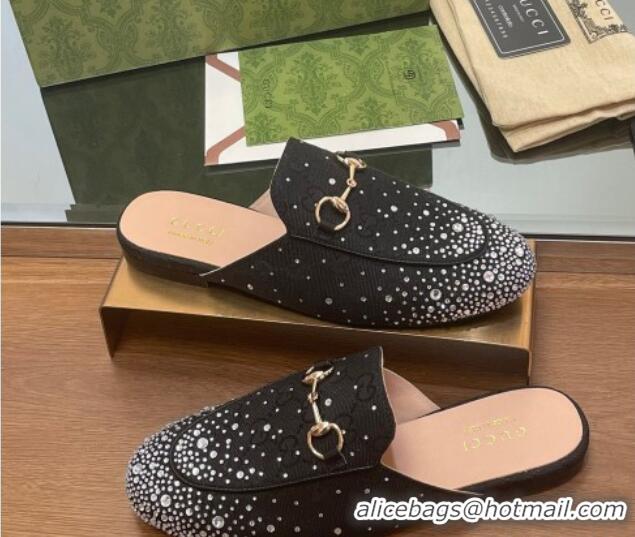 Luxury Cheap Gucci Princetown GG Canvas Flat Slippers with Strass Black 1119004