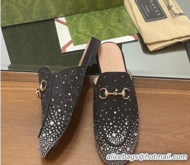 Luxury Cheap Gucci Princetown GG Canvas Flat Slippers with Strass Black 1119004