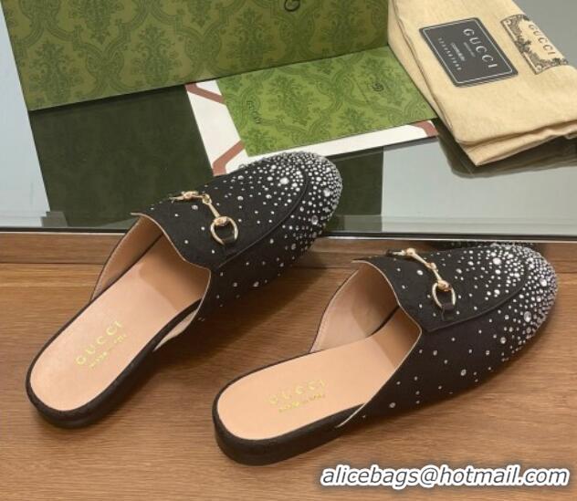 Luxury Cheap Gucci Princetown GG Canvas Flat Slippers with Strass Black 1119004