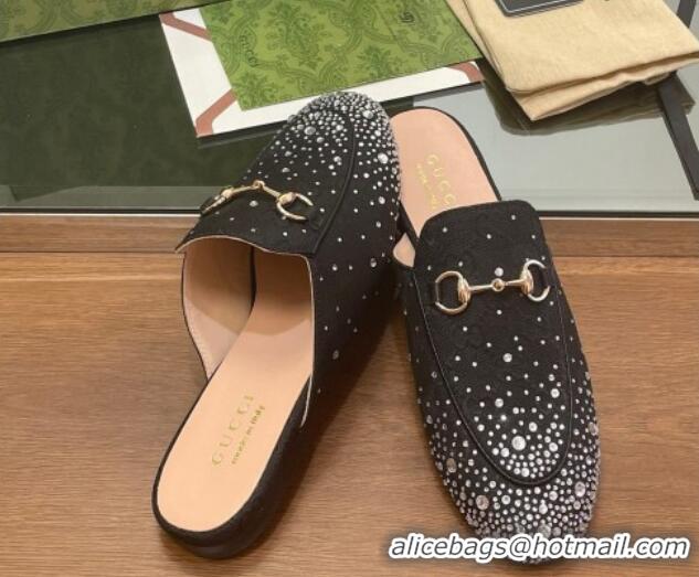 Luxury Cheap Gucci Princetown GG Canvas Flat Slippers with Strass Black 1119004