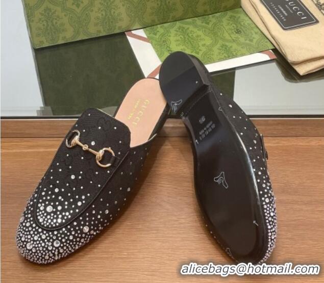 Luxury Cheap Gucci Princetown GG Canvas Flat Slippers with Strass Black 1119004