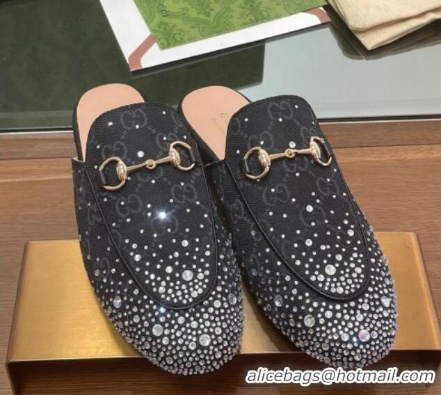 Luxury Cheap Gucci Princetown GG Canvas Flat Slippers with Strass Black 1119004