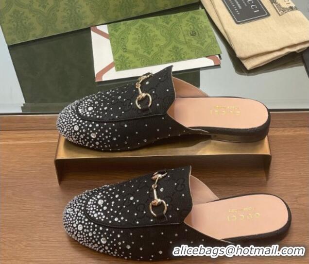 Luxury Cheap Gucci Princetown GG Canvas Flat Slippers with Strass Black 1119004