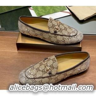 Best Price Gucci Jordaan GG Canvas Flat Loafers with Strass Beige 1119005