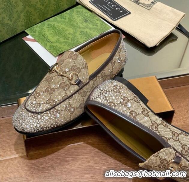 Best Price Gucci Jordaan GG Canvas Flat Loafers with Strass Beige 1119005