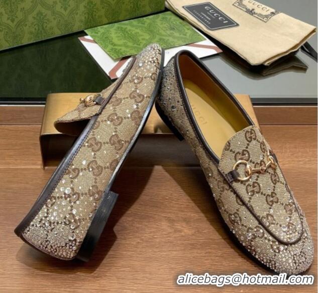 Best Price Gucci Jordaan GG Canvas Flat Loafers with Strass Beige 1119005