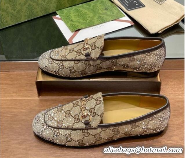 Best Price Gucci Jordaan GG Canvas Flat Loafers with Strass Beige 1119005