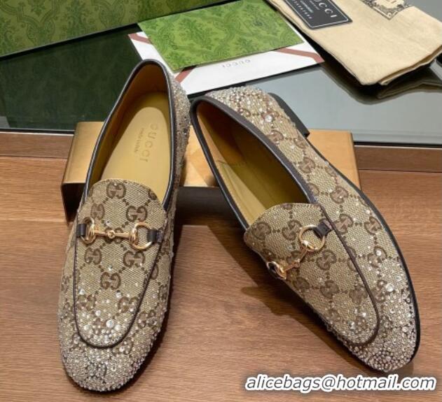 Best Price Gucci Jordaan GG Canvas Flat Loafers with Strass Beige 1119005