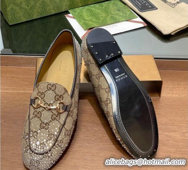 Best Price Gucci Jordaan GG Canvas Flat Loafers with Strass Beige 1119005