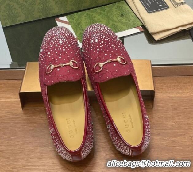 Low Cost Gucci Jordaan GG Canvas Flat Loafers with Strass Red 1119006