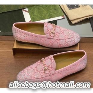 Good Product Gucci Jordaan GG Canvas Flat Loafers with Strass Light Pink 1119007