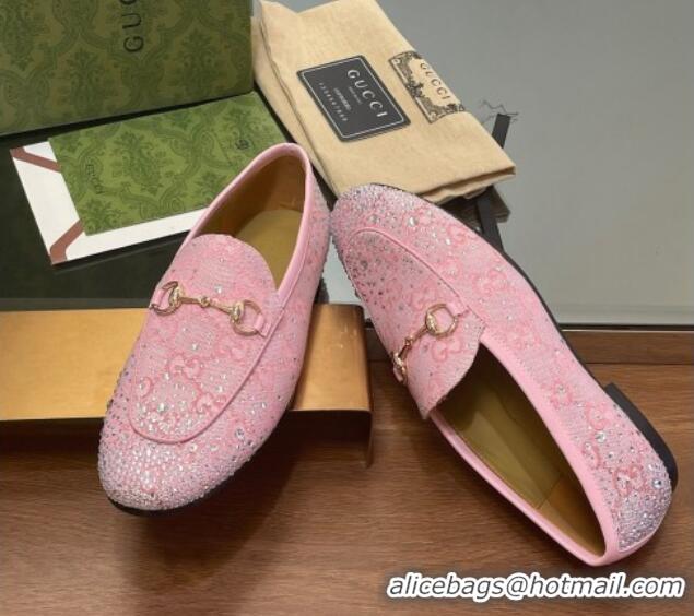 Good Product Gucci Jordaan GG Canvas Flat Loafers with Strass Light Pink 1119007