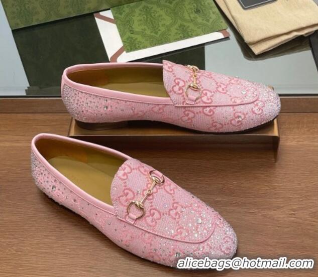 Good Product Gucci Jordaan GG Canvas Flat Loafers with Strass Light Pink 1119007