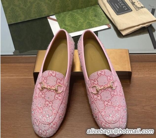 Good Product Gucci Jordaan GG Canvas Flat Loafers with Strass Light Pink 1119007