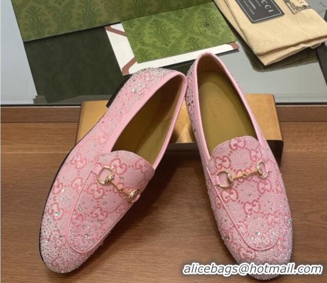 Good Product Gucci Jordaan GG Canvas Flat Loafers with Strass Light Pink 1119007