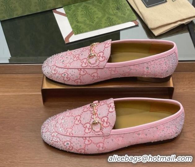 Good Product Gucci Jordaan GG Canvas Flat Loafers with Strass Light Pink 1119007