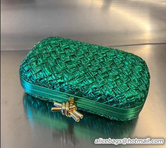 Fashion Discount Bottega Veneta Knot Minaudiere Clutch in Metallic Foulard Intreccio Leather 717622 Green 2024