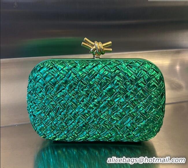 Fashion Discount Bottega Veneta Knot Minaudiere Clutch in Metallic Foulard Intreccio Leather 717622 Green 2024