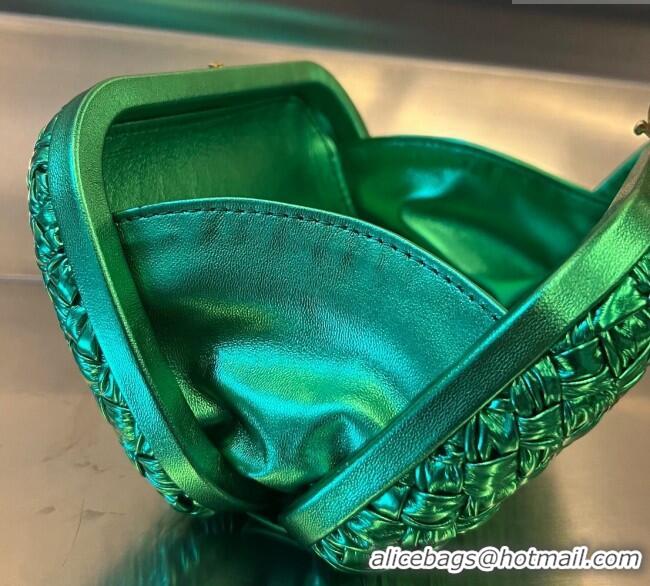 Fashion Discount Bottega Veneta Knot Minaudiere Clutch in Metallic Foulard Intreccio Leather 717622 Green 2024