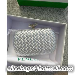 Top Grade Bottega Veneta Knot Minaudiere Clutch in Padded Intreccio Leather 717622 Silver 2024