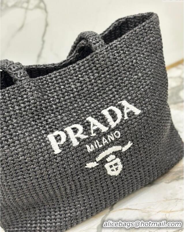 Best Price Prada Large Crochet Raffia-effect Tote Bag 1BG392 Black/White 2024