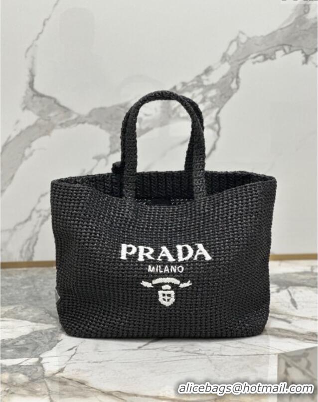 Best Price Prada Large Crochet Raffia-effect Tote Bag 1BG392 Black/White 2024