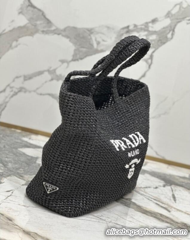 Best Price Prada Large Crochet Raffia-effect Tote Bag 1BG392 Black/White 2024