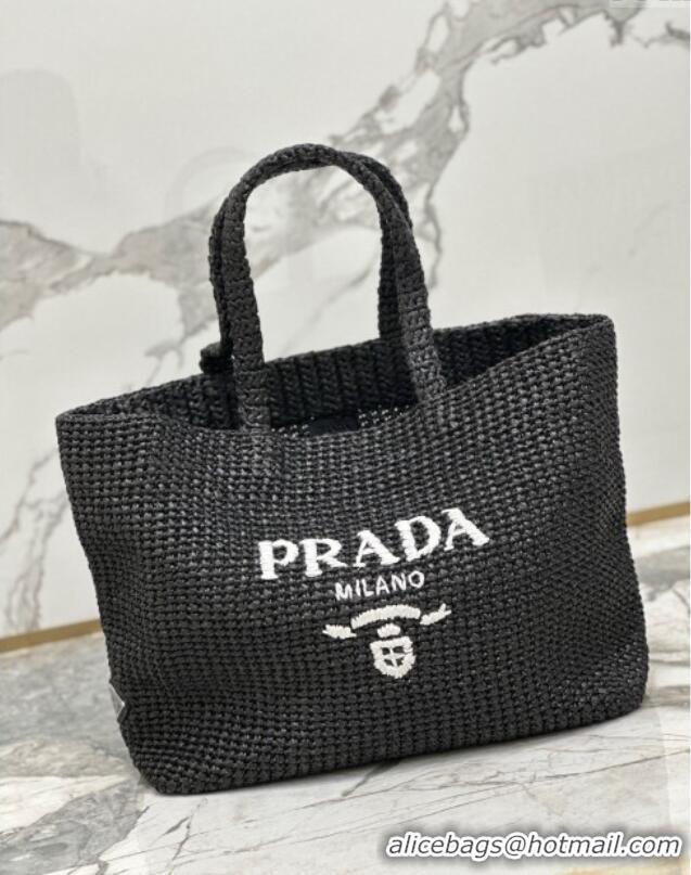 Best Price Prada Large Crochet Raffia-effect Tote Bag 1BG392 Black/White 2024