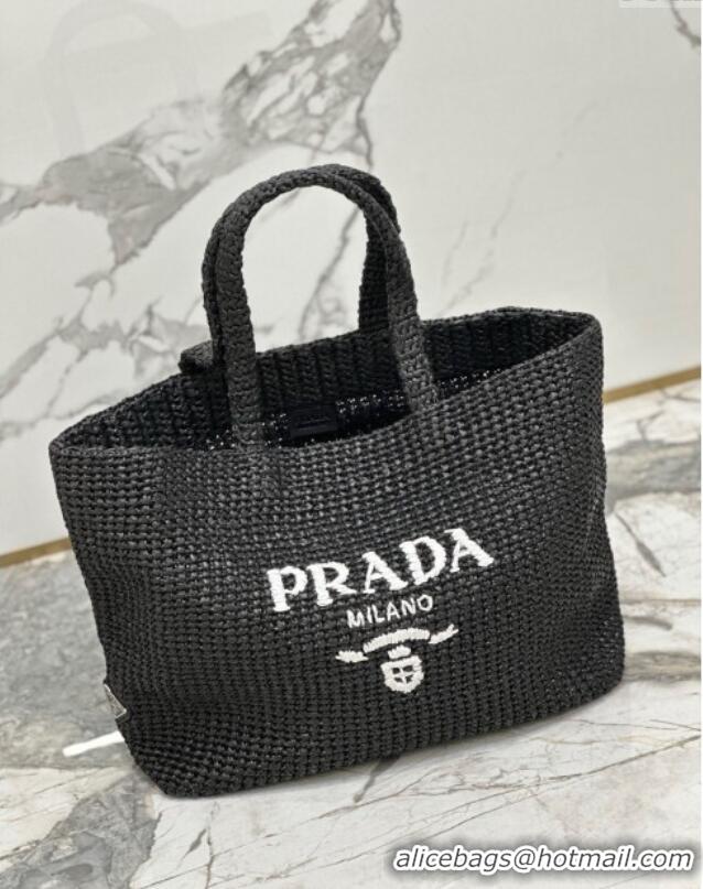 Best Price Prada Large Crochet Raffia-effect Tote Bag 1BG392 Black/White 2024