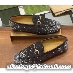 Duplicate Gucci Jordaan GG Canvas Flat Loafers with Strass Black 1119008