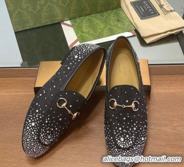 Duplicate Gucci Jordaan GG Canvas Flat Loafers with Strass Black 1119008